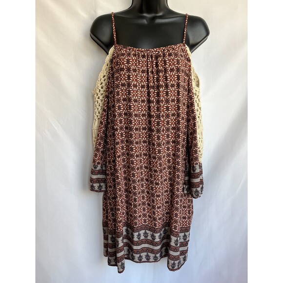 Umgee Boho Crochet Tunic Dress Size M Hippie Ethnic Brown Cold Shoulder Festival - Picture 1 of 12